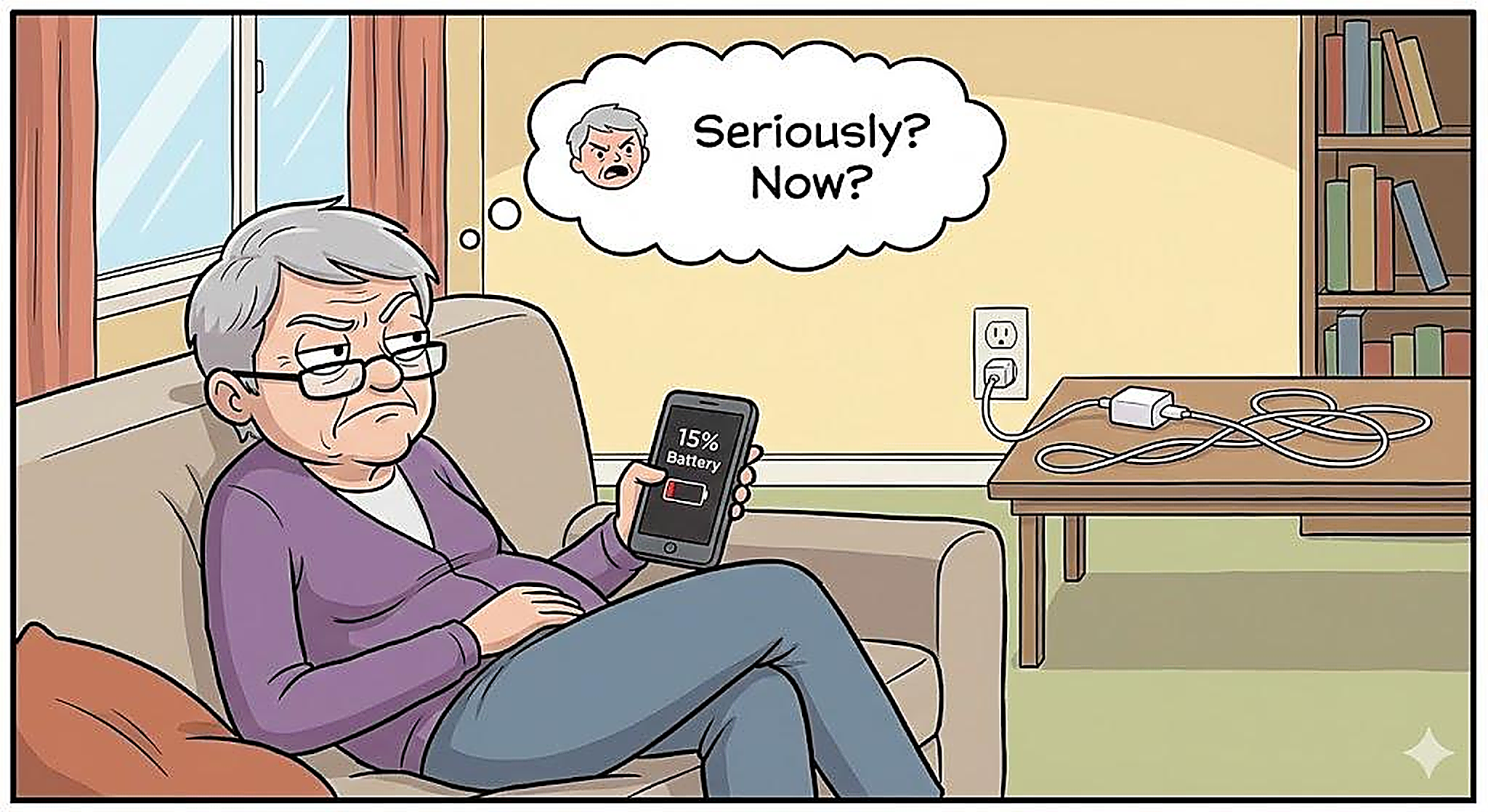 Senior woman frustrated with low phone battery at 15 percent while sitting on couch