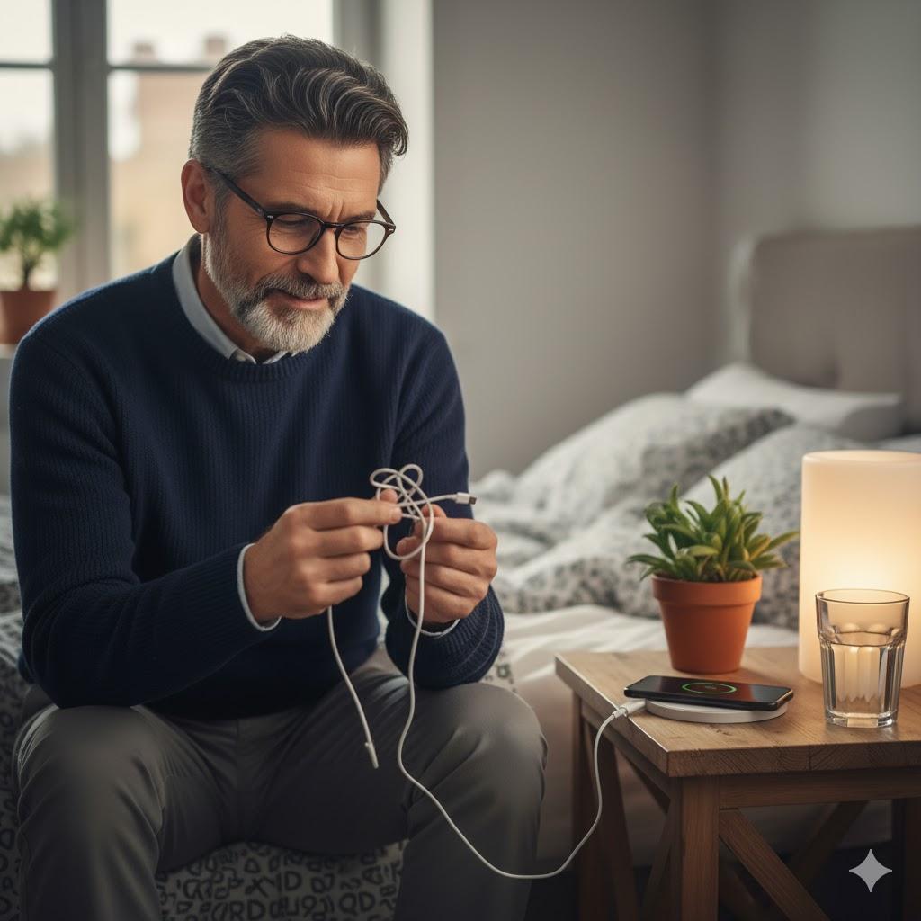 Man checking charging cable while phone charges on bedside table