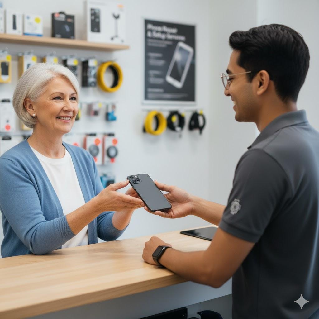 Customer getting smartphone repair help at mobile service store