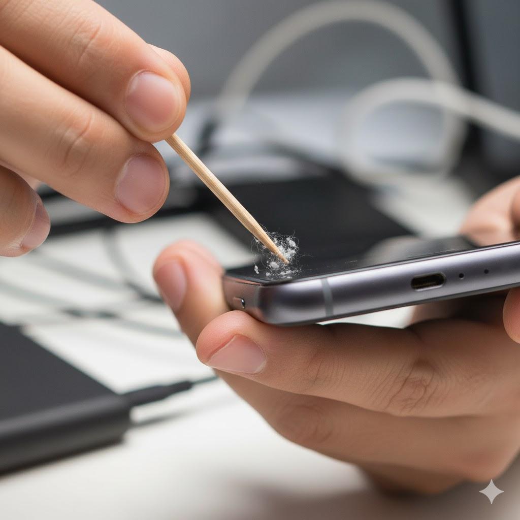 Cleaning phone charging port with toothpick to fix charging issue