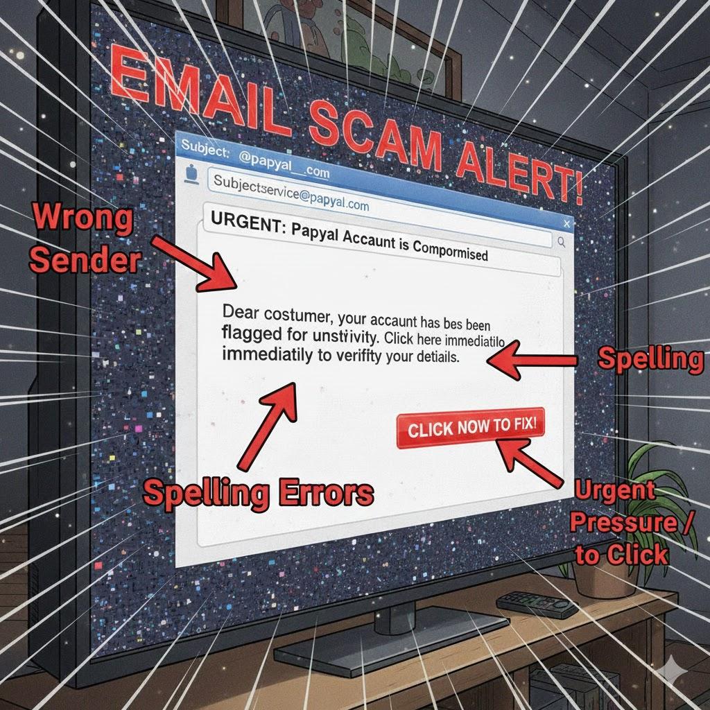 Phishing email scam example showing fake PayPal alert with spelling errors, wrong sender address, and urgent click request