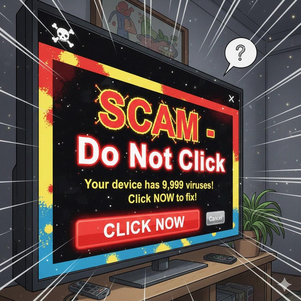 “Fake virus alert pop-up scam on computer screen urging users to click ‘Fix Now’ with exaggerated virus warning message”