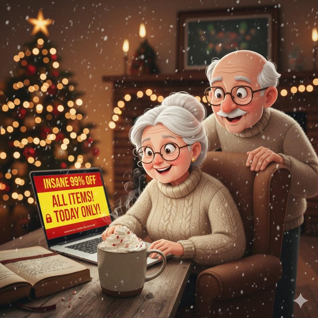 Senior couple using laptop during holidays reviewing suspicious website contact form, highlighting potential fake shopping site warning sign