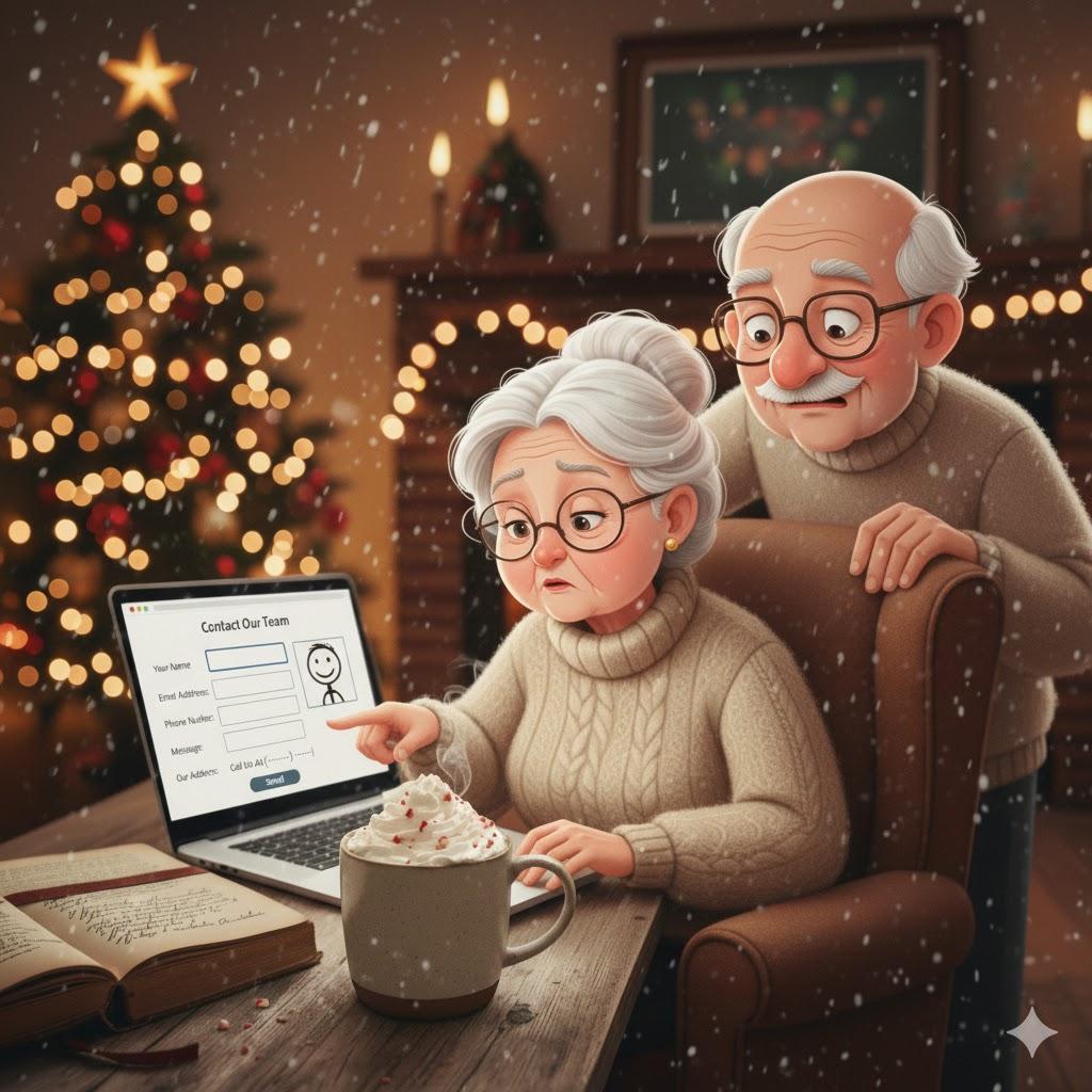 Elderly couple browsing holiday shopping website with warning symbol indicating possible fake online store or scam sale