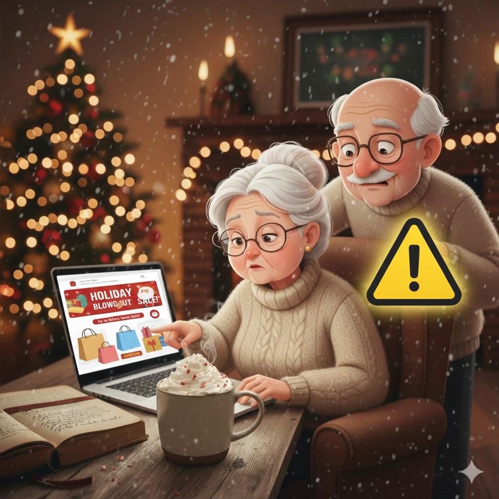 Senior couple reacting to extreme ‘99% off’ holiday sale on laptop, illustrating common fake shopping website scam tactic
