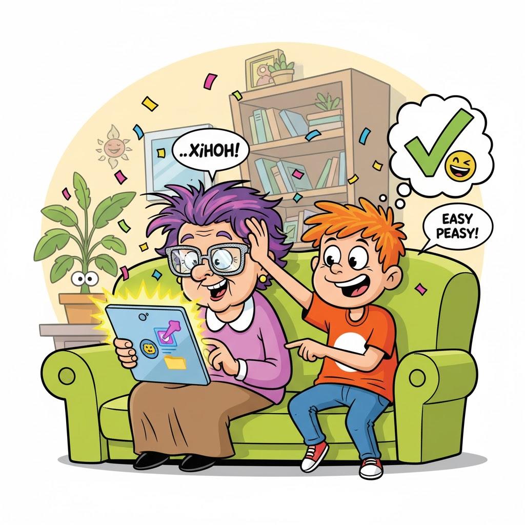 Grandmother learning to use a tablet with help from child, showing simple tech apps for families to stay connected