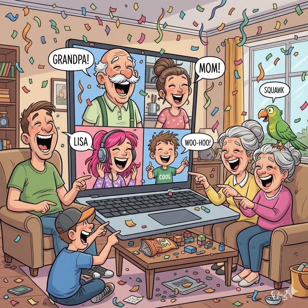 Family laughing together on laptop video call, illustrating how apps help families stay connected across distances