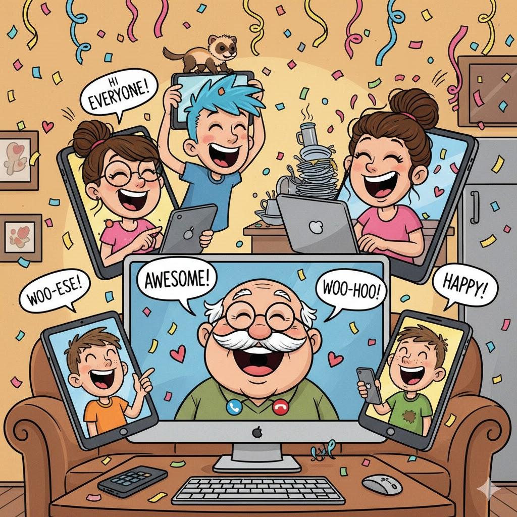 Family using smartphones, tablets, and computer for video calls, highlighting best apps for staying connected with loved ones