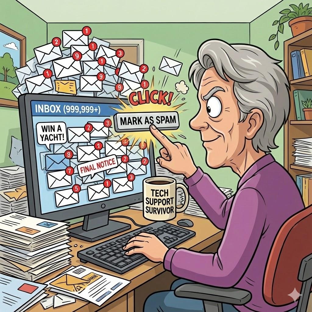Senior marking emails as spam on computer with overloaded inbox, demonstrating how to reduce spam emails and clean inbox