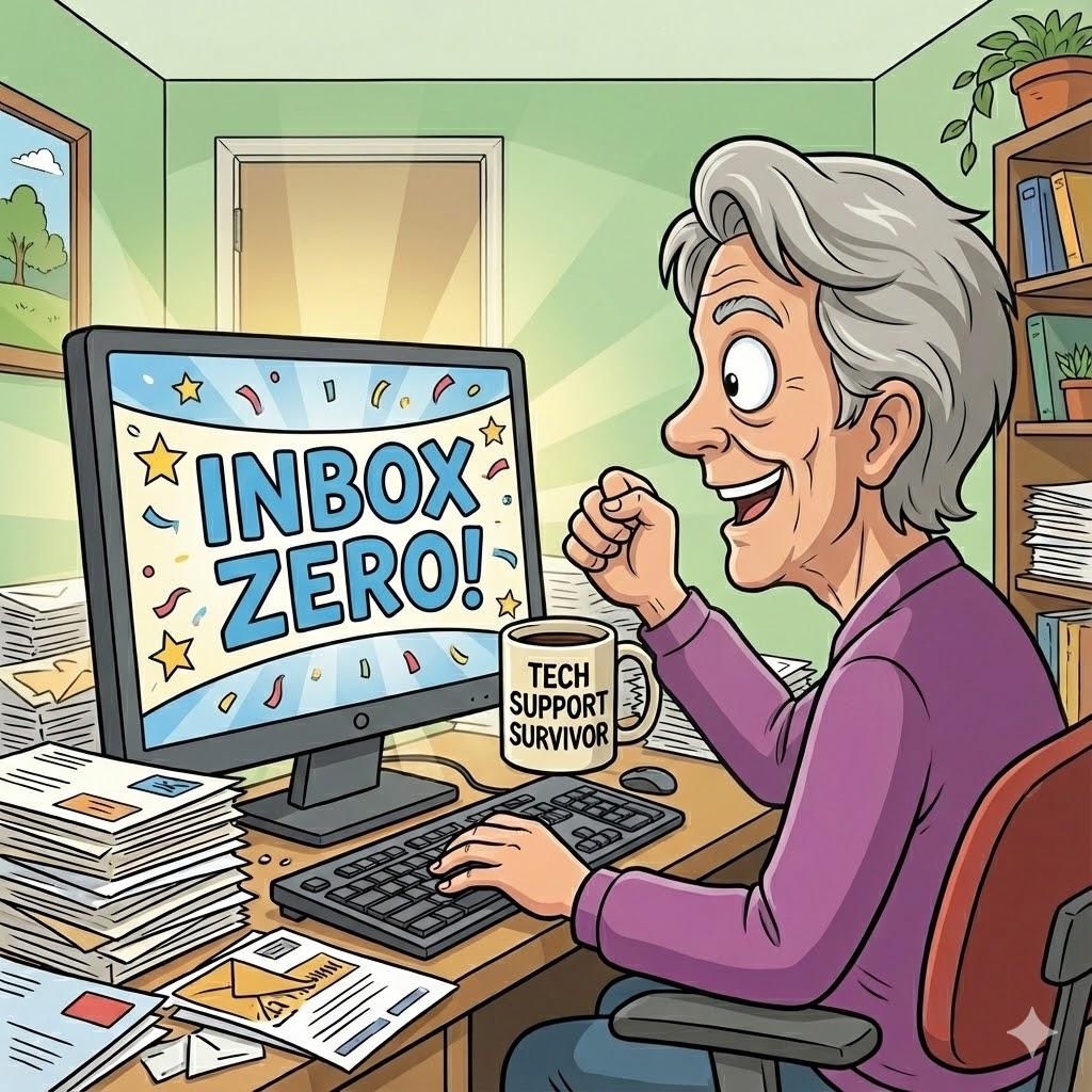 Happy senior celebrating inbox zero on computer after clearing spam emails and organizing email account