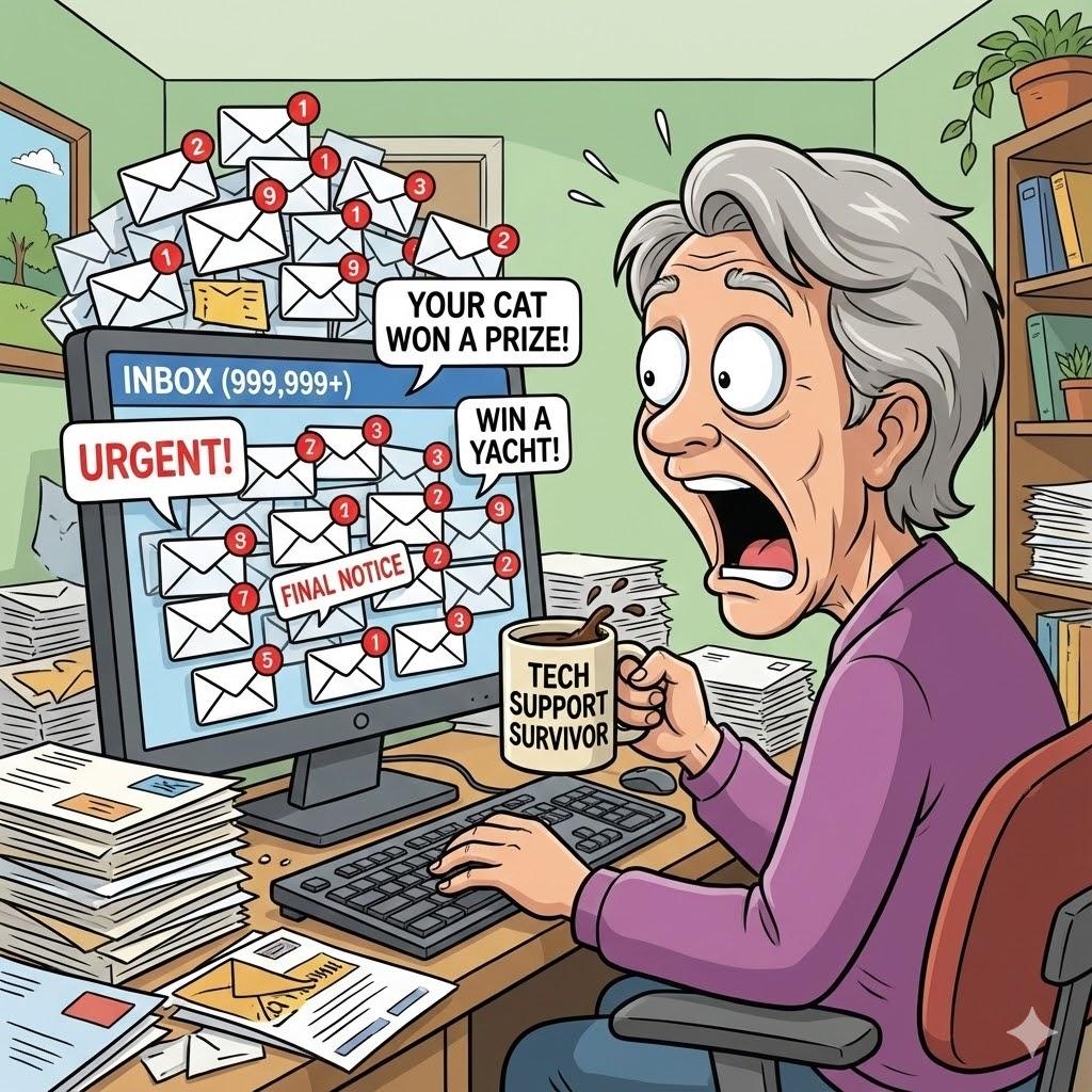 Senior overwhelmed by hundreds of spam emails with urgent messages, illustrating common email spam problem