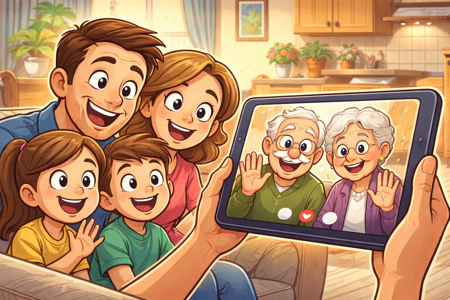 Family video calling grandparents on tablet, showing easy ways to stay connected with loved ones during the holiday