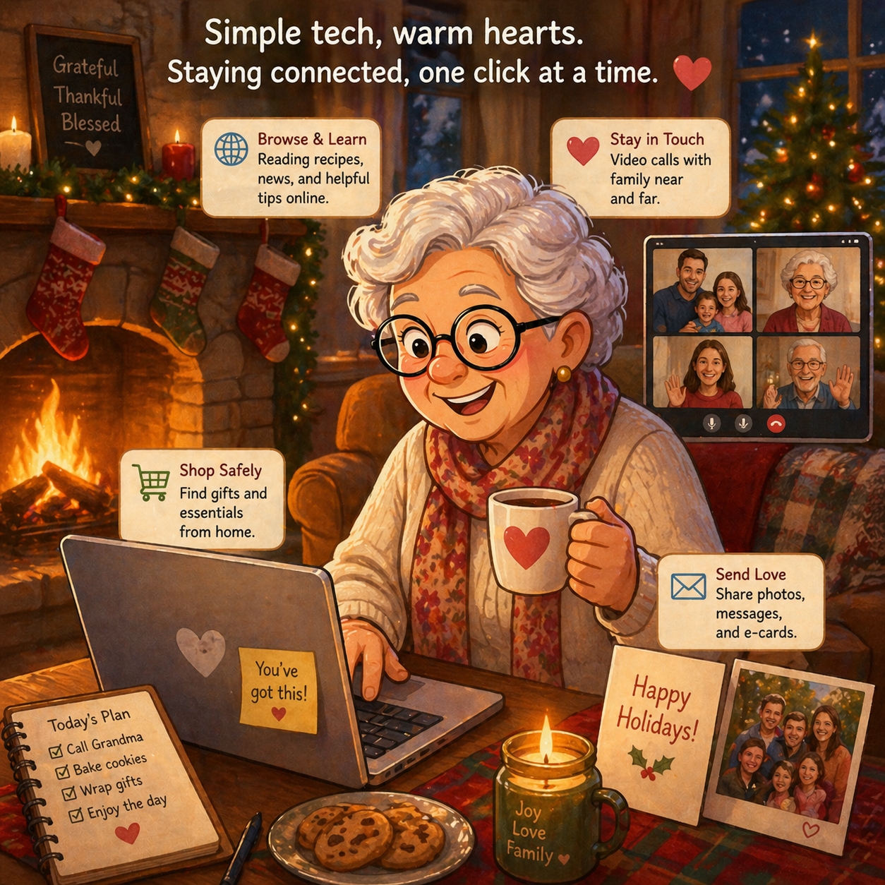 Woman using laptop by fireplace during holidays, browsing online and staying connected with family using simple technology