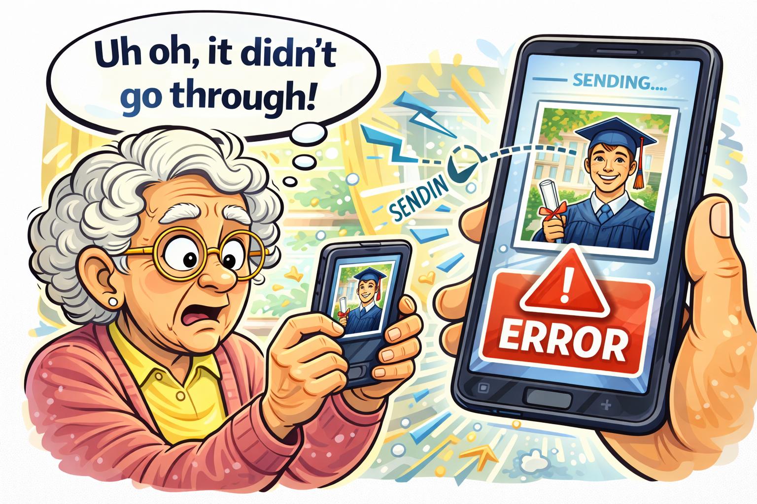 enior woman experiencing photo sending error on smartphone while trying to share graduation picture with family