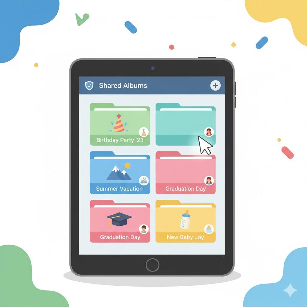 Tablet displaying shared photo albums for birthdays, vacations, and family memories, showing easy ways to share photos with loved ones