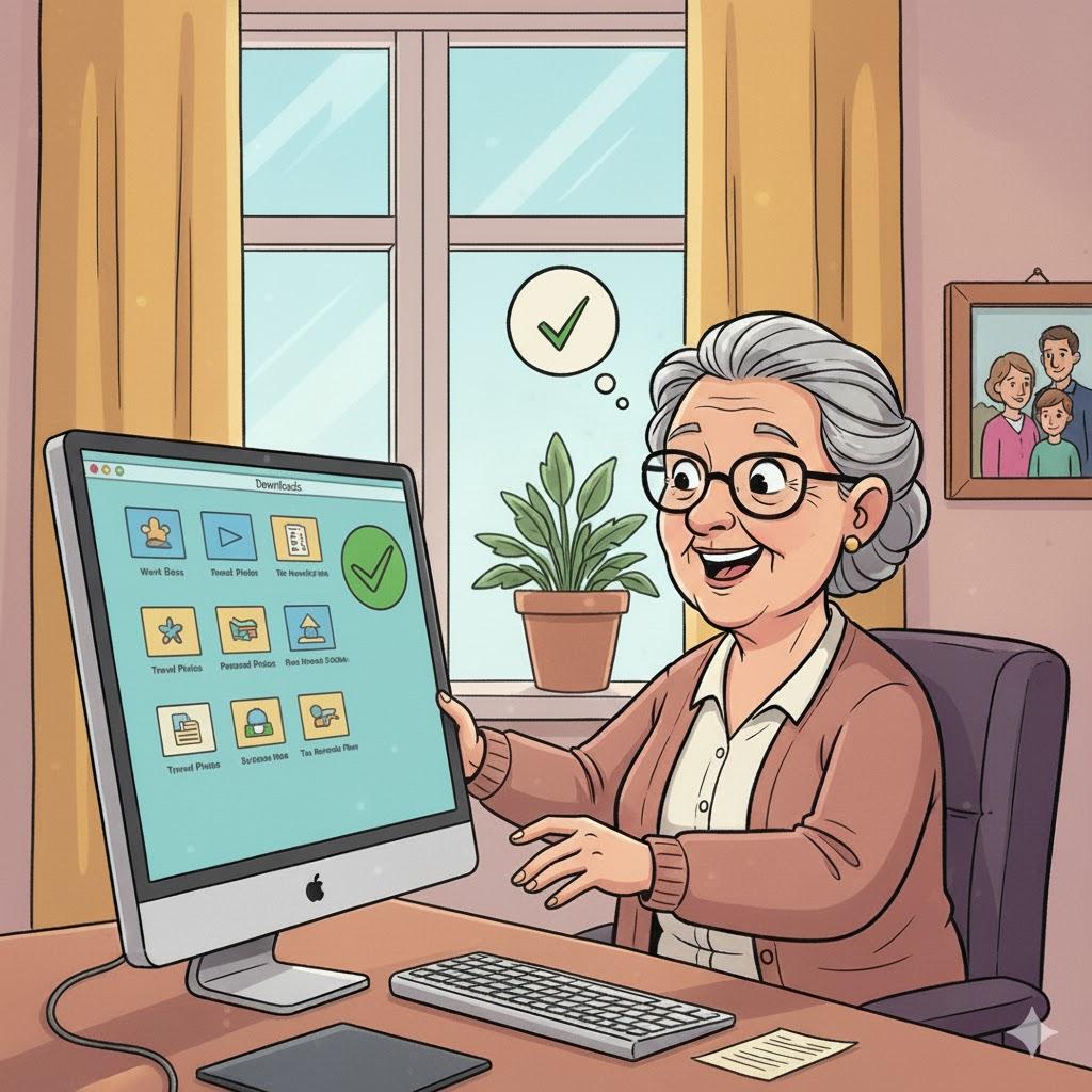 “Happy senior using neatly organized computer with labeled folders and clean desktop after digital decluttering