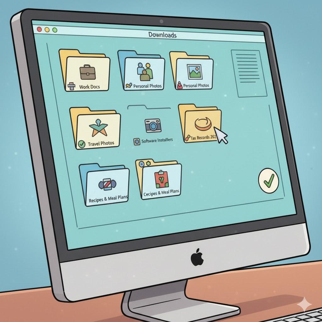 “Computer screen with organized folders for photos, documents, and recipes, illustrating easy digital organization system