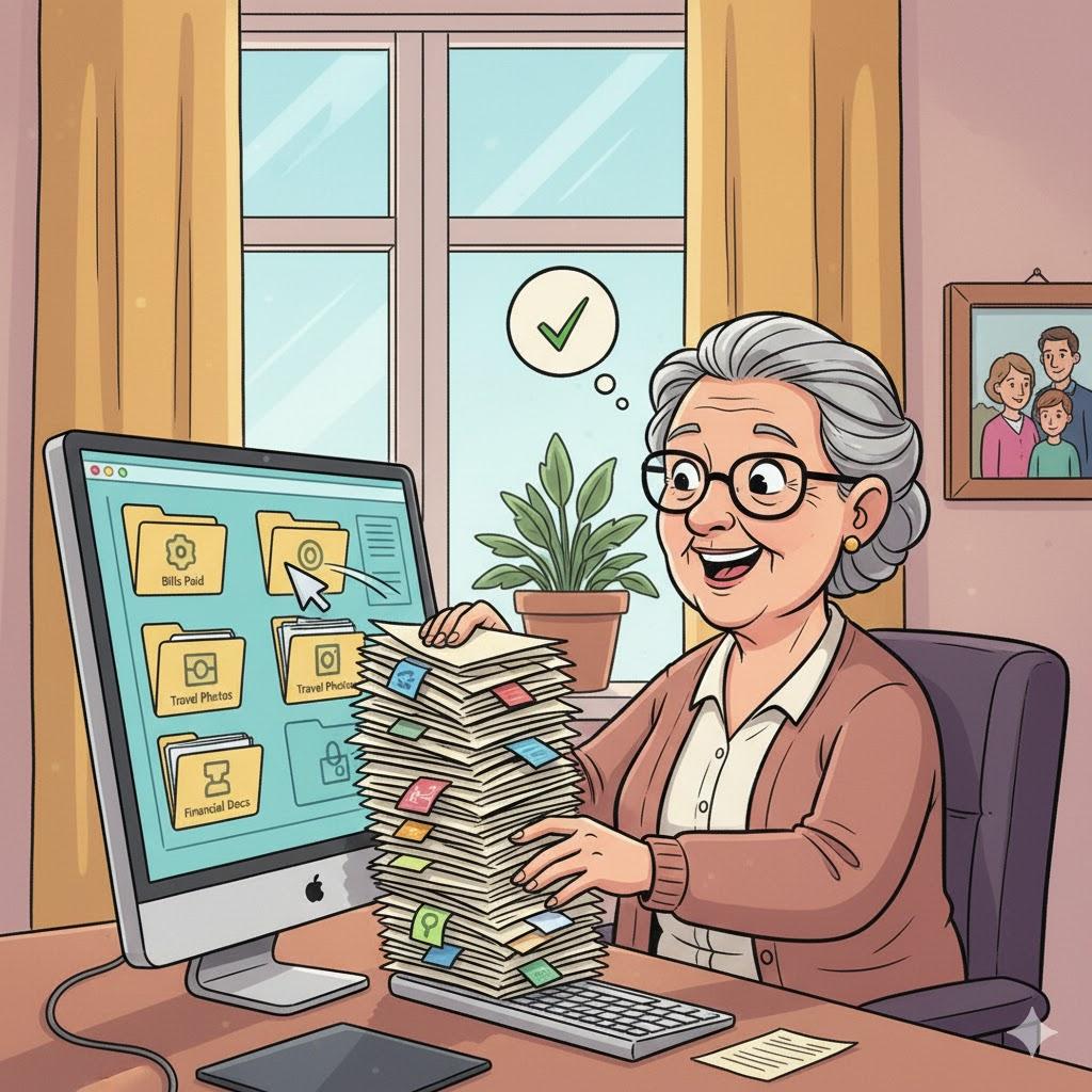 Senior woman organizing computer folders and paperwork, demonstrating digital decluttering and simple file organization tips