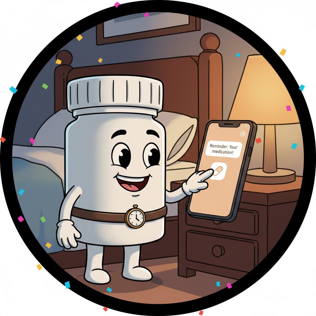 Friendly cartoon medication bottle beside smartphone reminder notification, illustrating simple medication reminder tools that help people stay on schedule