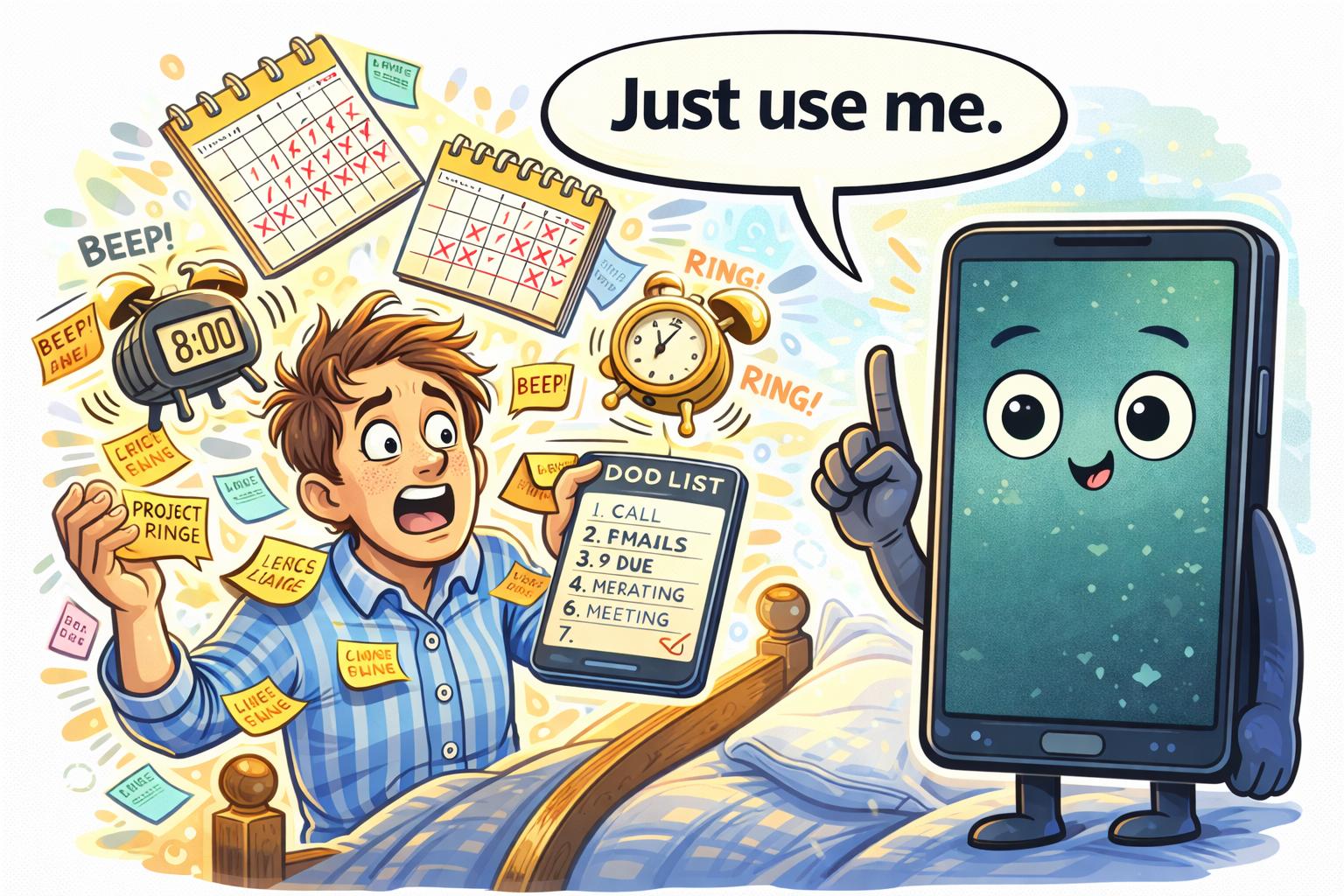 Overwhelmed person surrounded by alarms and sticky notes while smartphone offers simple reminder and organization tools