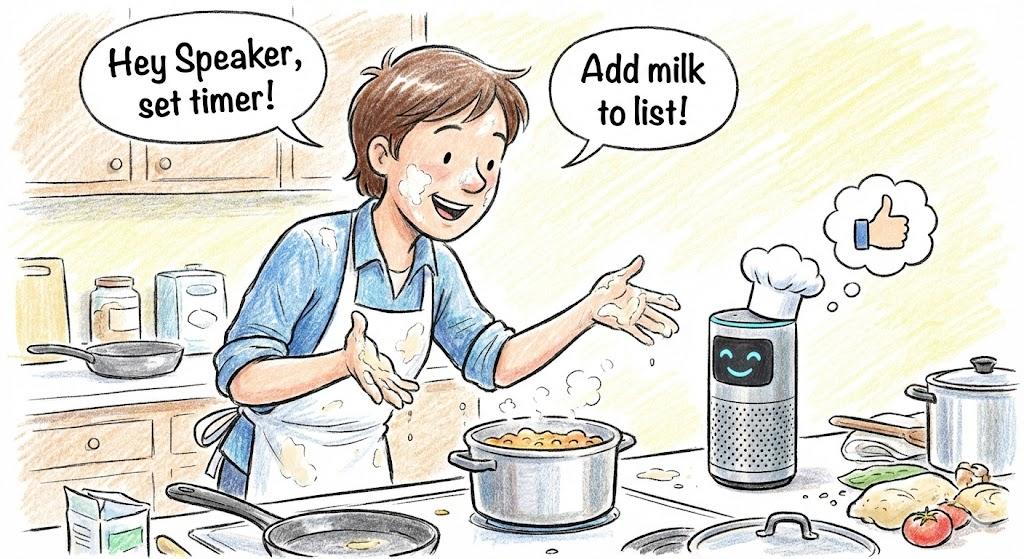Person using smart speaker in kitchen to set reminders and grocery list hands-free with voice commands