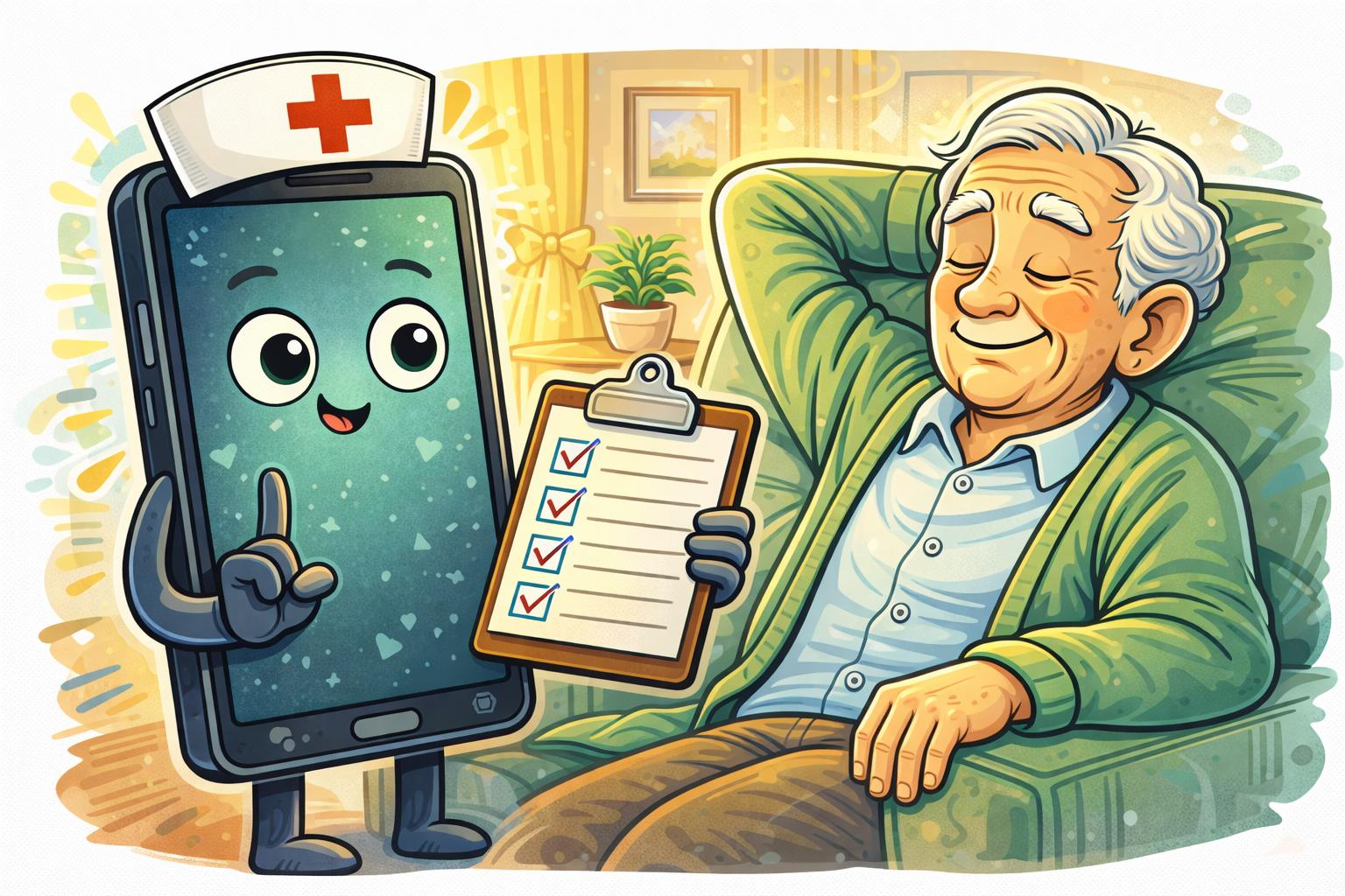 Friendly health app helping senior track daily wellness checklist and routines using a simple smartphone interface