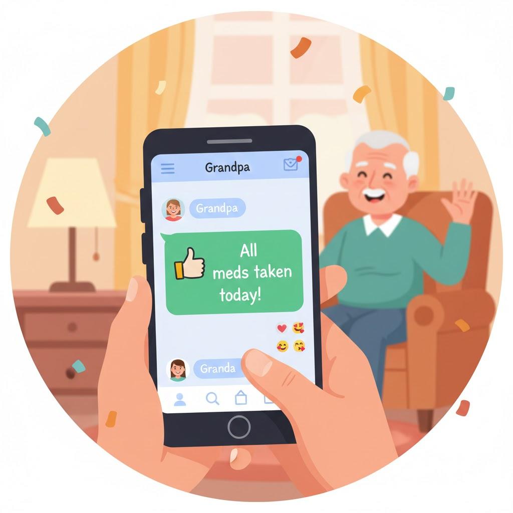 Family receiving smartphone update confirming senior took medication, illustrating easy health tracking and reminder apps