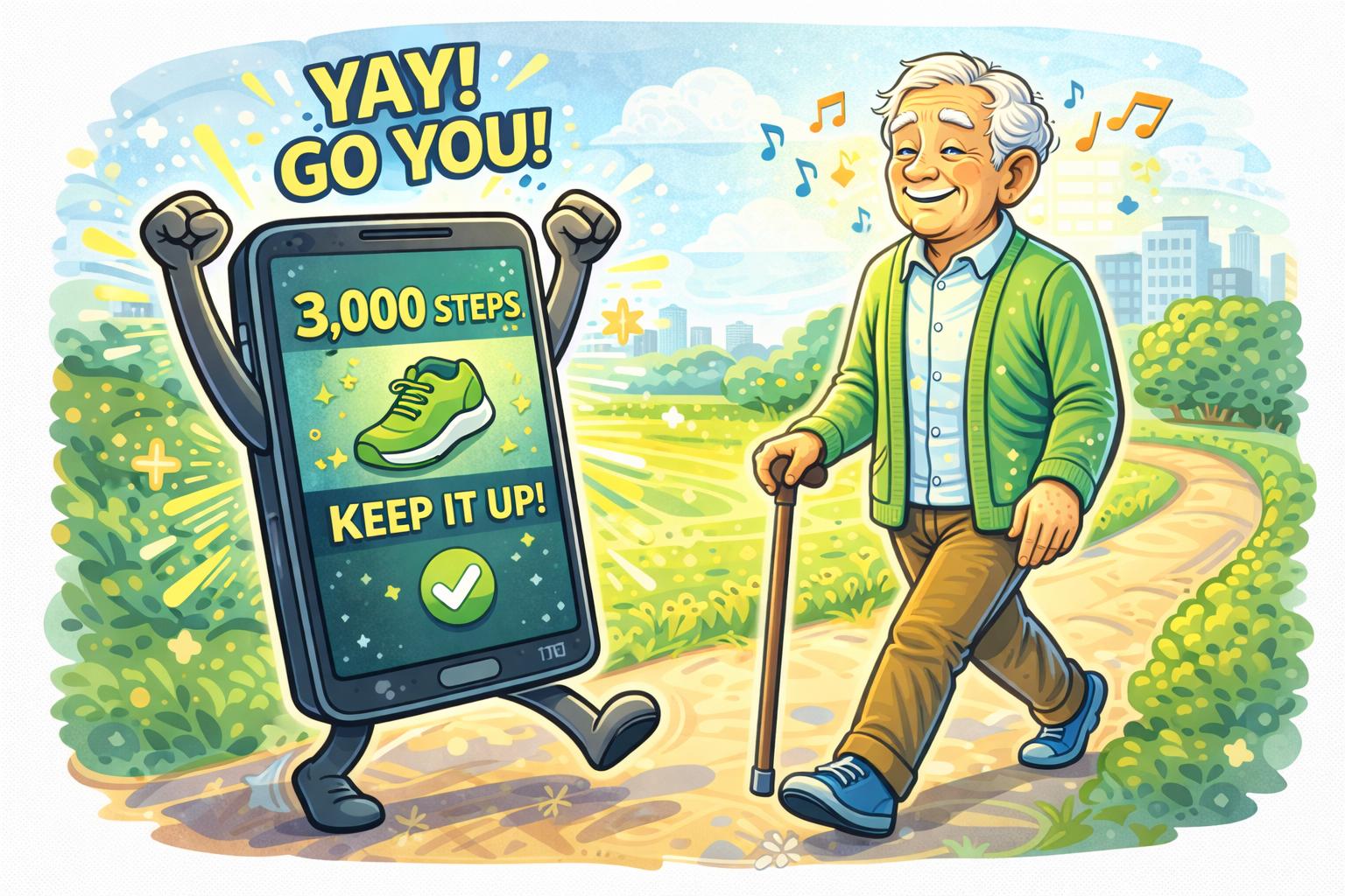 Senior walking outdoors while fitness app celebrates daily step goal achievement, showing simple health apps for active aging