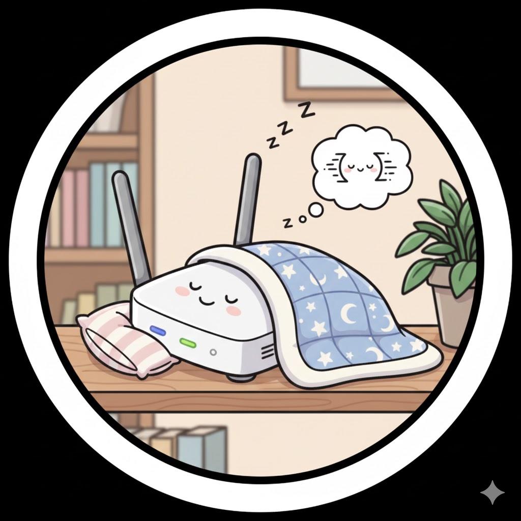 Cute sleeping Wi-Fi router under blanket, representing restarting or resting internet equipment to improve connection speed Cute sleeping Wi-Fi router under blanket, representing restarting or resting internet equipment to improve connection speed