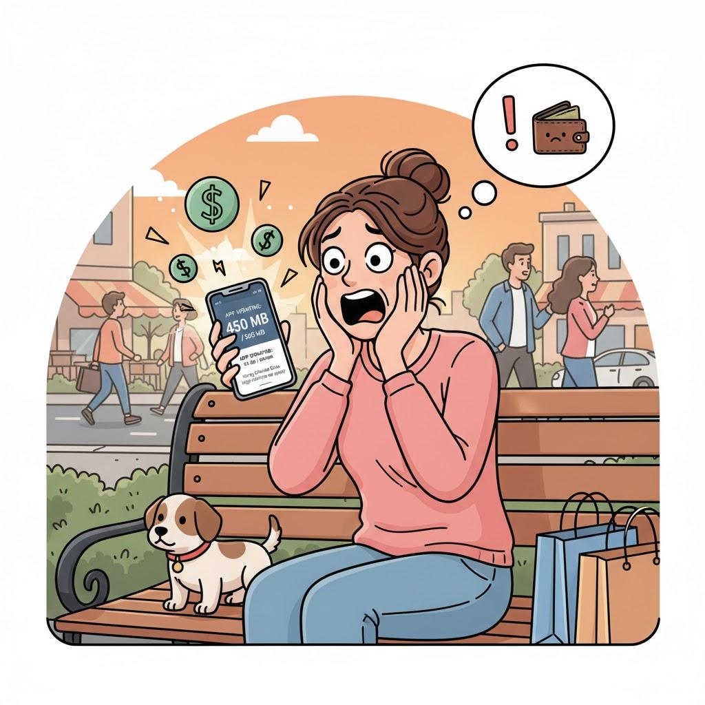 Woman shocked by high mobile data usage alert on smartphone while outside, illustrating unexpected phone data consumption and costs Woman shocked by high mobile data usage alert on smartphone while outside, illustrating unexpected phone data consumption and costs