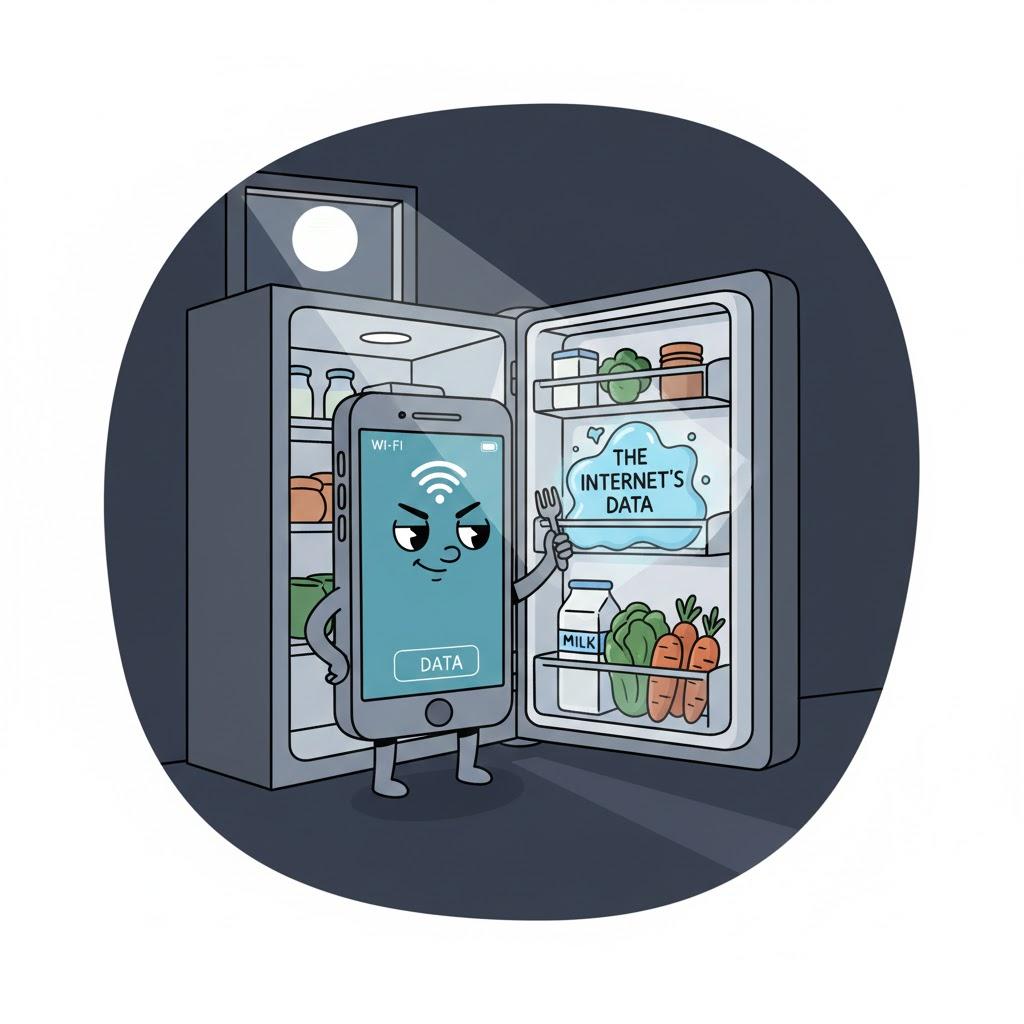 Cartoon smartphone secretly using internet data from refrigerator labeled ‘The Internet’s Data,’ illustrating hidden background data usage on phones Cartoon smartphone secretly using internet data from refrigerator labeled ‘The Internet’s Data,’ illustrating hidden background data usage on phones