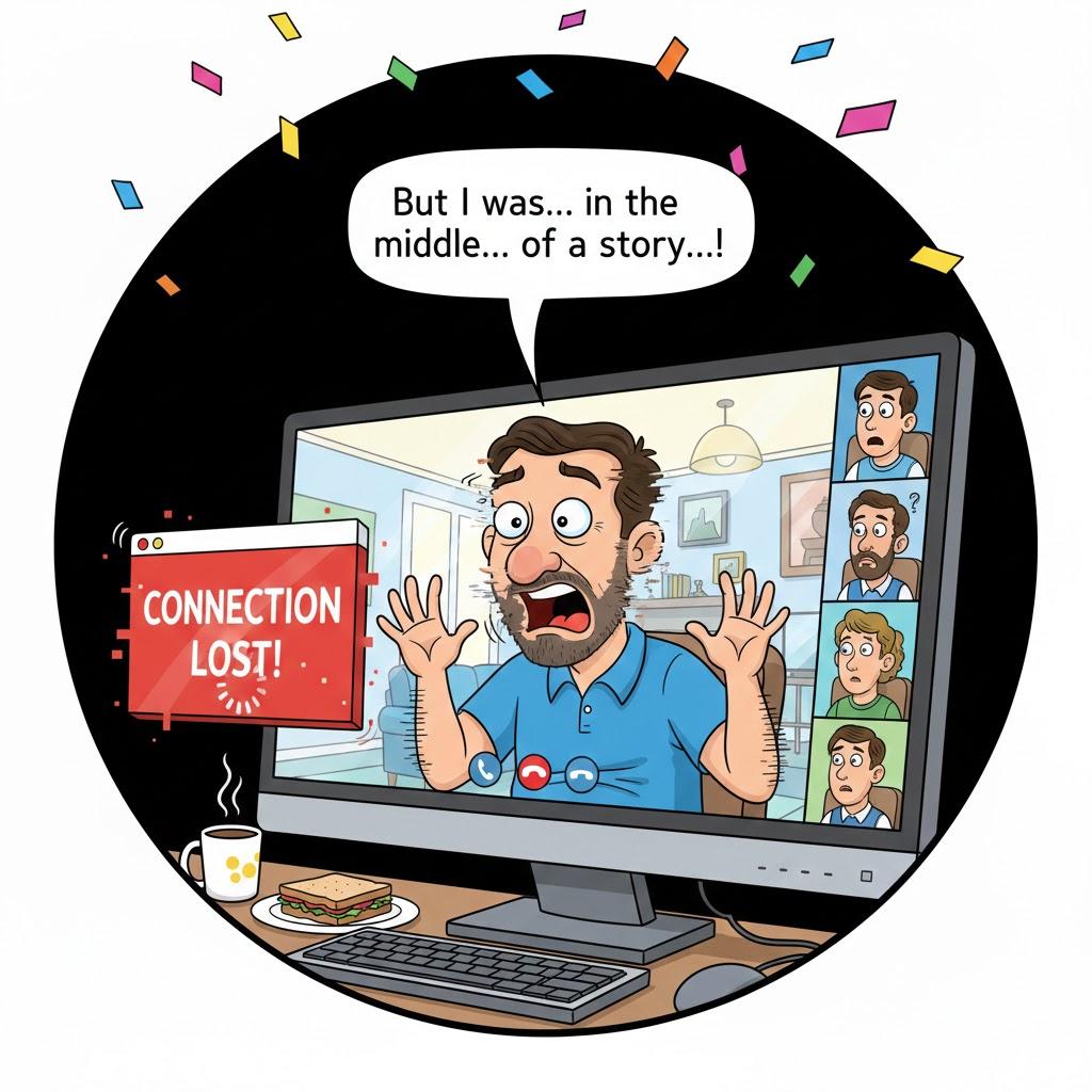 Funny cartoon illustration of a man frozen during an online video call after losing internet connection, with ‘Connection Lost’ warning on scree