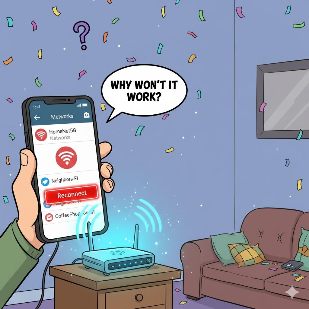 Cartoon illustration of a smartphone struggling to reconnect to home Wi-Fi router, with frustrated user asking why the internet will not work