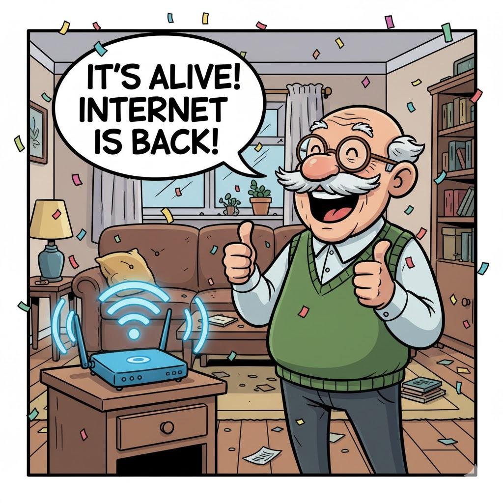 Cheerful cartoon illustration of senior man celebrating restored Wi-Fi connection beside glowing internet router at home