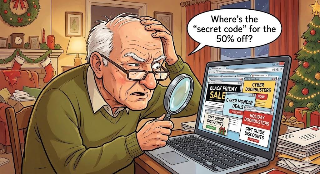 Funny cartoon illustration of an older man using a magnifying glass to inspect a suspicious online sale on a computer screen, cozy home office setting, playful exaggerated style