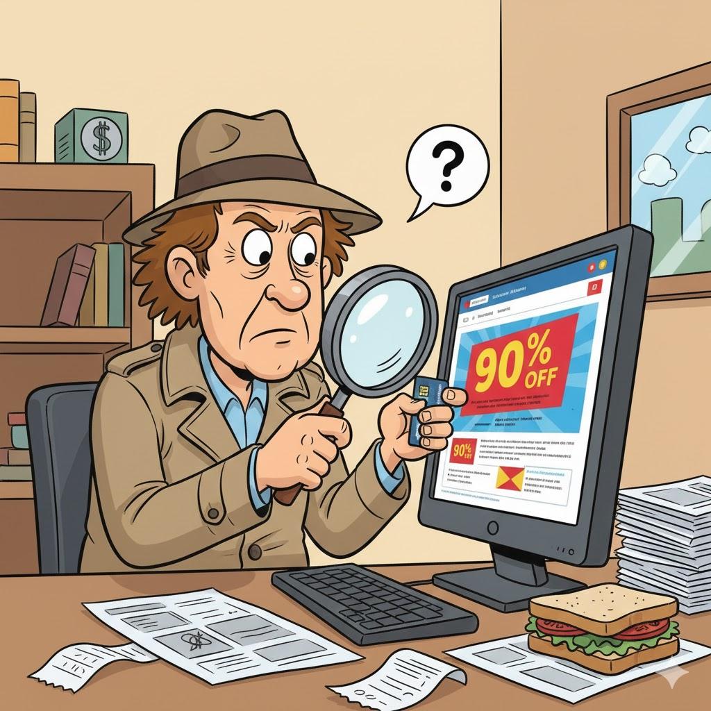 Funny cartoon illustration of an older man using a magnifying glass to inspect a suspicious online sale on a computer screen, cozy home office setting, playful exaggerated styl