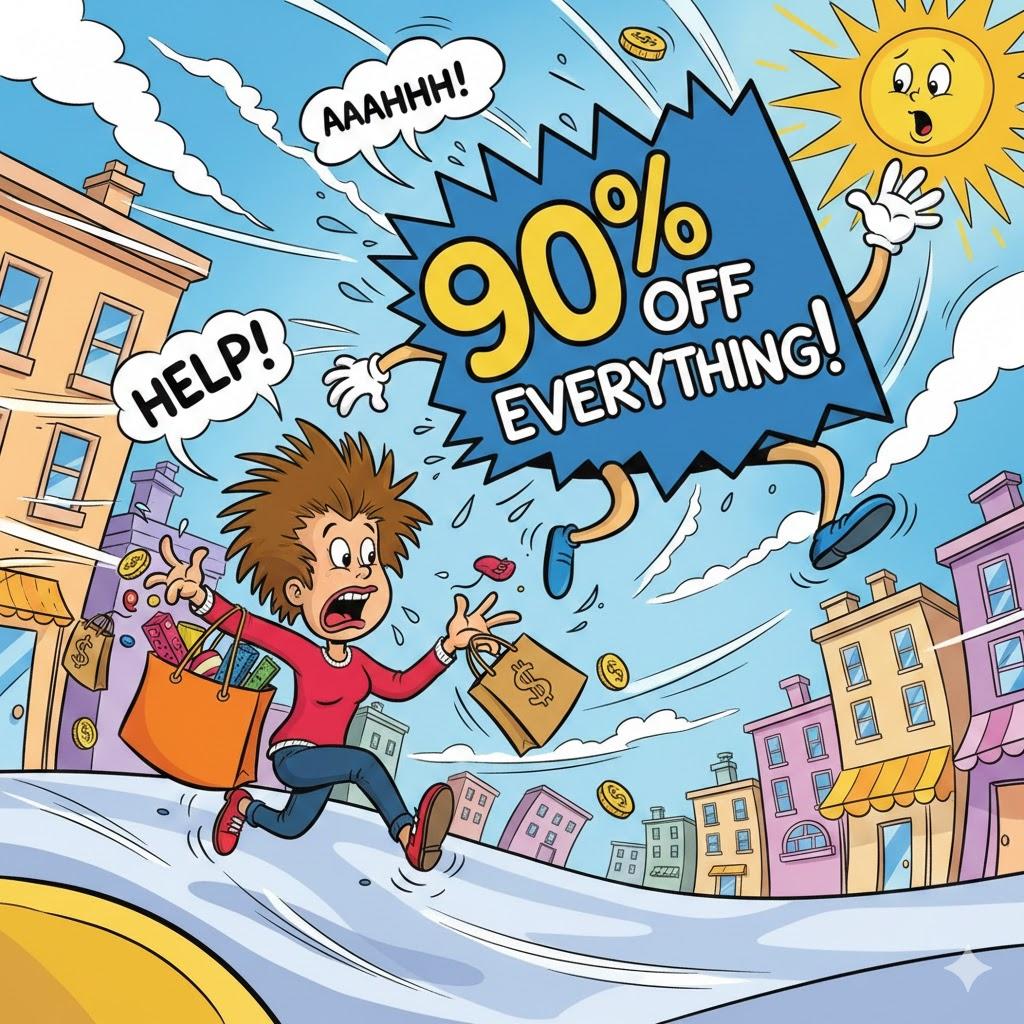 Wacky cartoon illustration of a giant ‘90% OFF EVERYTHING’ sale sign chasing a panicked shopper through a city street, exaggerated playful style showing unrealistic online deals