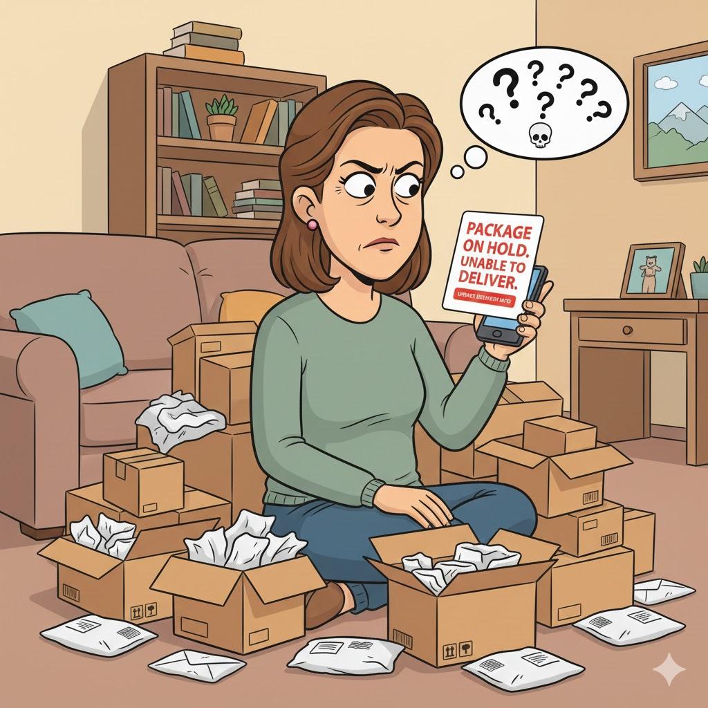 Cartoon illustration of a worried woman surrounded by holiday packages while reading a suspicious ‘package on hold’ delivery scam message on her phone Cartoon illustration of a worried woman surrounded by holiday packages while reading a suspicious ‘package on hold’ delivery scam message on her phone