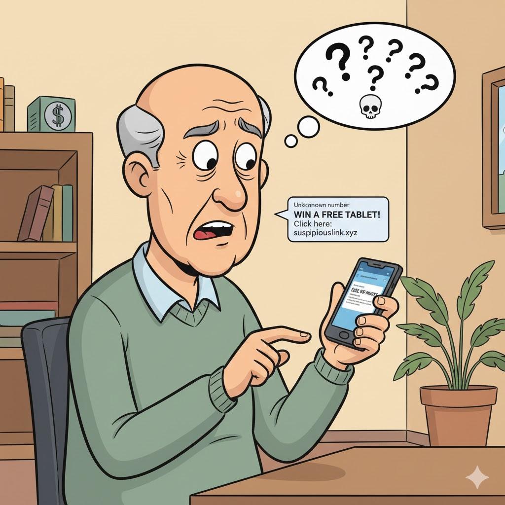 Funny cartoon illustration of an older man nervously looking at a fake text message claiming he won a free tablet, with suspicious scam link highlighted on his phon Funny cartoon illustration of an older man nervously looking at a fake text message claiming he won a free tablet, with suspicious scam link highlighted on his phon