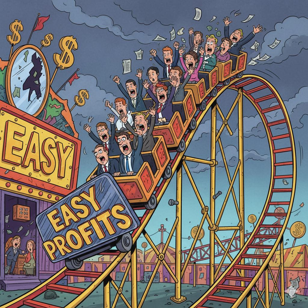 Funny cartoon illustration of terrified people riding a dangerous roller coaster labeled ‘Easy Profits,’ representing risky online investment scams and fake money-making schemes Funny cartoon illustration of terrified people riding a dangerous roller coaster labeled ‘Easy Profits,’ representing risky online investment scams and fake money-making schemes