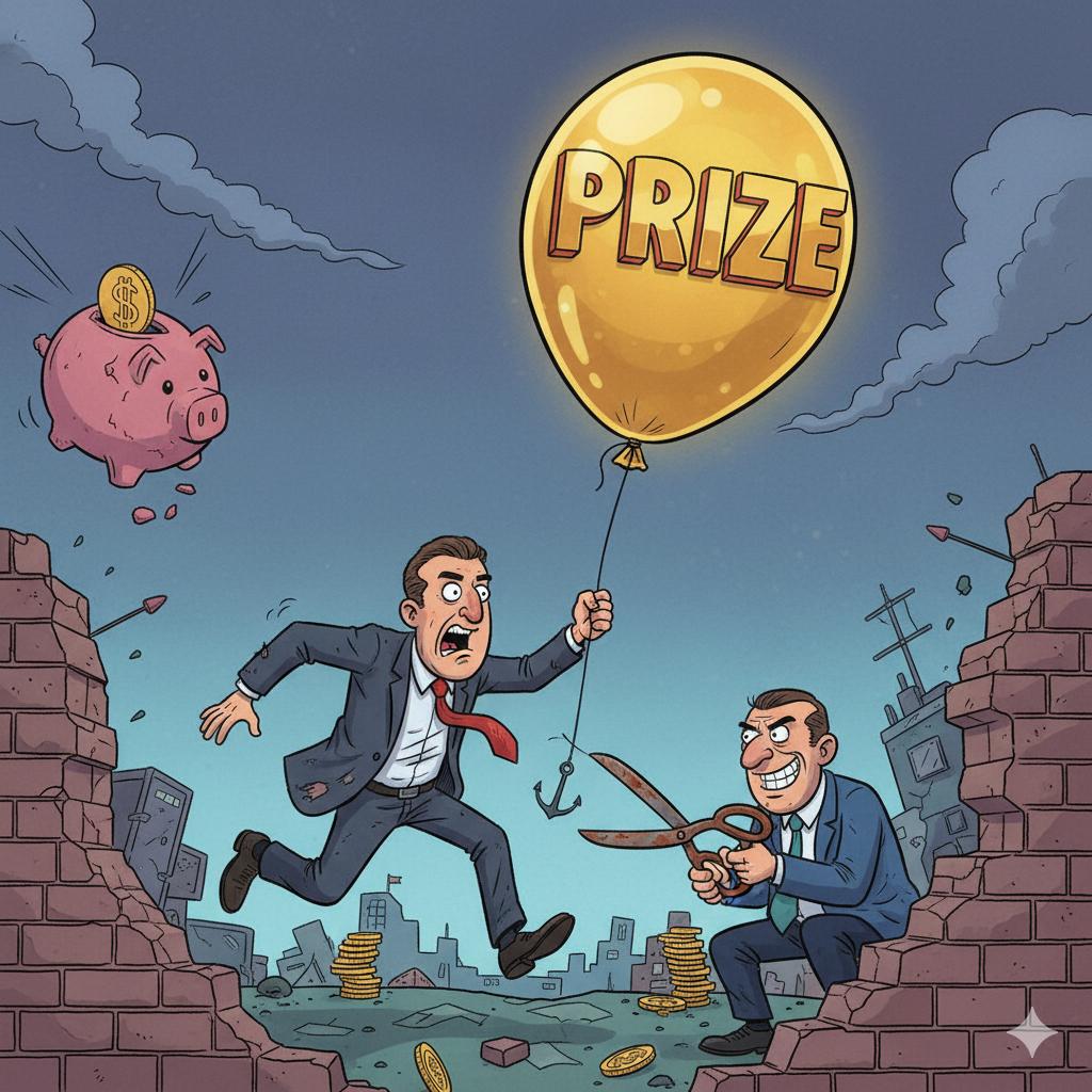 Wacky cartoon illustration of a businessman chasing a giant floating ‘PRIZE’ balloon while a sneaky scammer prepares to cut the string, exaggerated online scam metaphor Wacky cartoon illustration of a businessman chasing a giant floating ‘PRIZE’ balloon while a sneaky scammer prepares to cut the string, exaggerated online scam metaphor