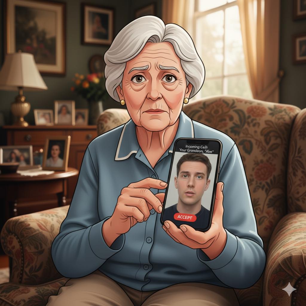 Emotional illustration of an elderly woman receiving a suspicious video call pretending to be her grandson asking for help, warm home setting, cautionary online scam theme Emotional illustration of an elderly woman receiving a suspicious video call pretending to be her grandson asking for help, warm home setting, cautionary online scam theme