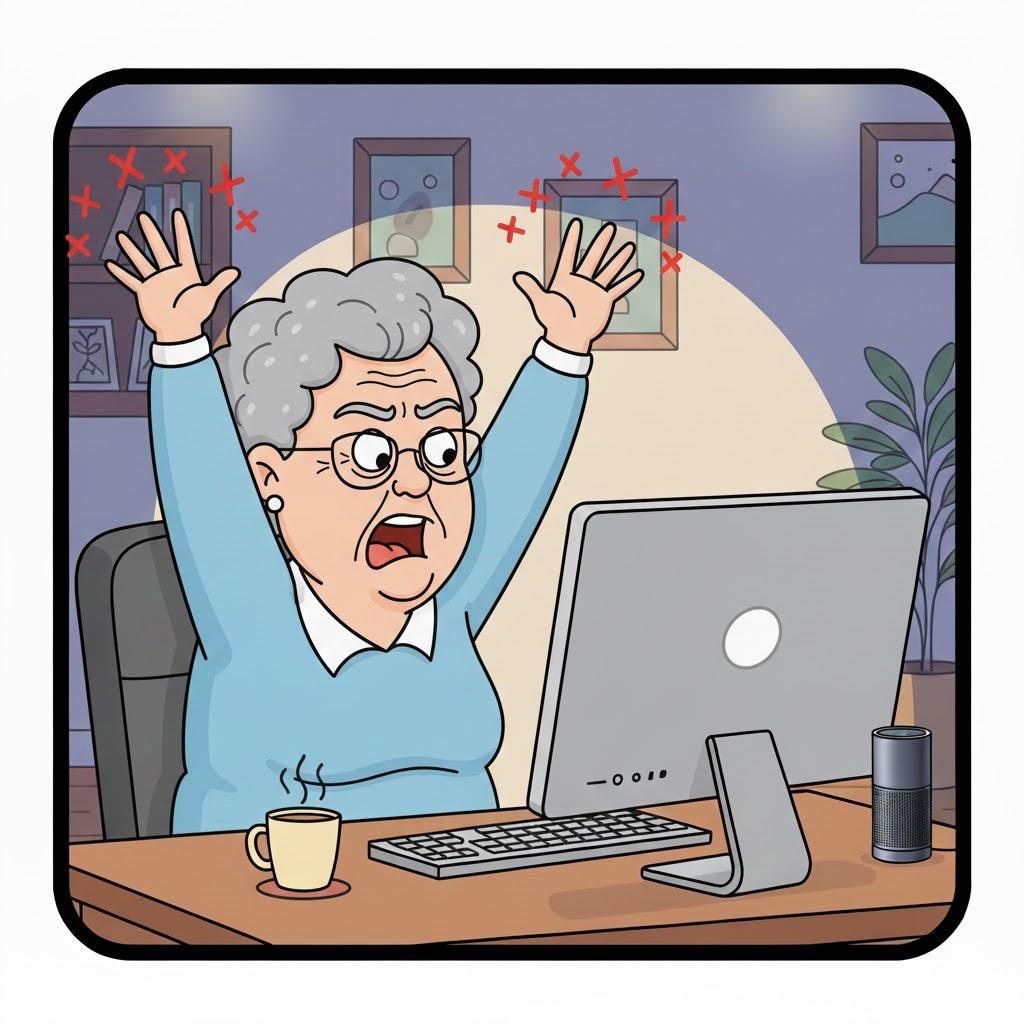 Funny cartoon illustration of a frustrated senior woman throwing both hands in the air while staring at a computer with an unresponsive mouse cursor, exaggerated expressions, cozy home office setting, playful colorful cartoon style, square format, no text.