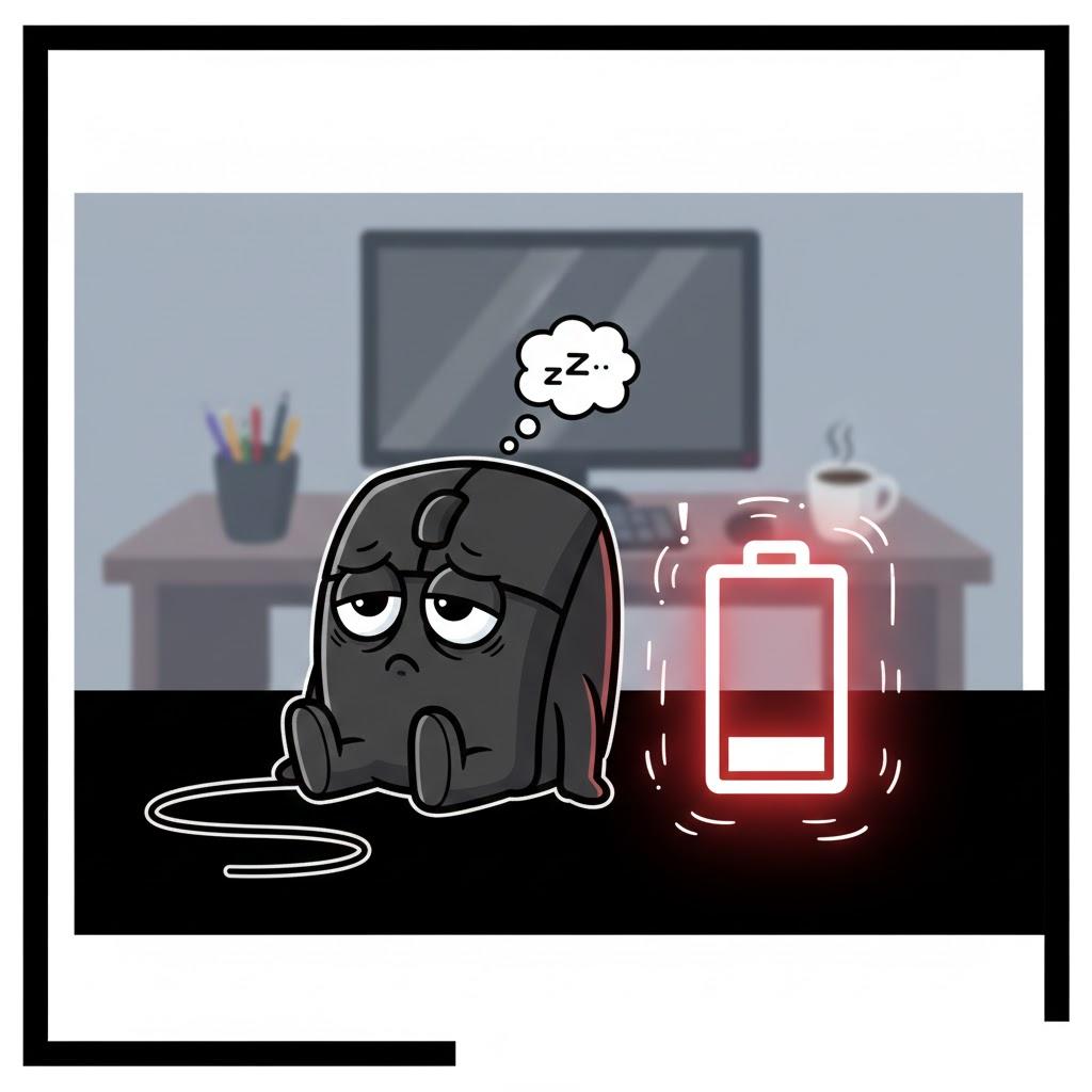 Wacky cartoon illustration of a sleepy wireless computer mouse slumped beside a flashing low-battery icon, exhausted expression, cozy home office background, playful cartoon style, bright colors, square format, no text.