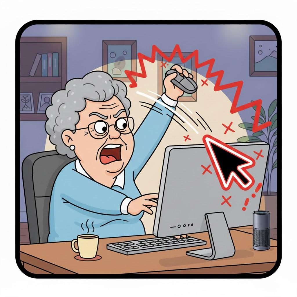 Wacky cartoon illustration of a determined senior woman dramatically battling a giant mischievous computer cursor with her mouse like it is a video game boss, exaggerated action and expressions, playful colorful cartoon style, cozy home office background, square format, no text