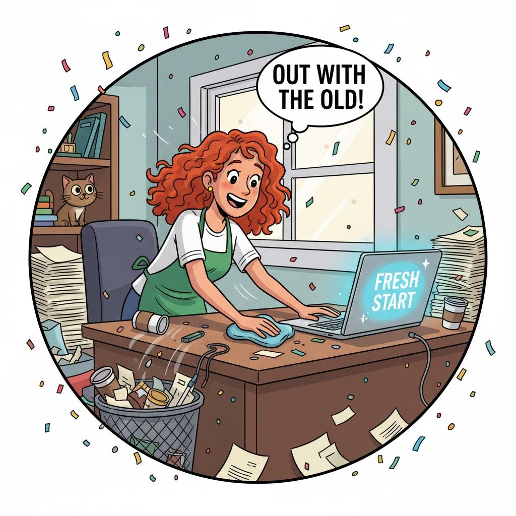 Funny cartoon illustration of a cheerful woman enthusiastically cleaning a messy computer workspace while digital junk files, old folders, and clutter fly into a trash bin, sparkling laptop running smoothly nearby, playful colorful cartoon style, square format, no text. Funny cartoon illustration of a cheerful woman enthusiastically cleaning a messy computer workspace while digital junk files, old folders, and clutter fly into a trash bin, sparkling laptop running smoothly nearby, playful colorful cartoon style, square format, no text.