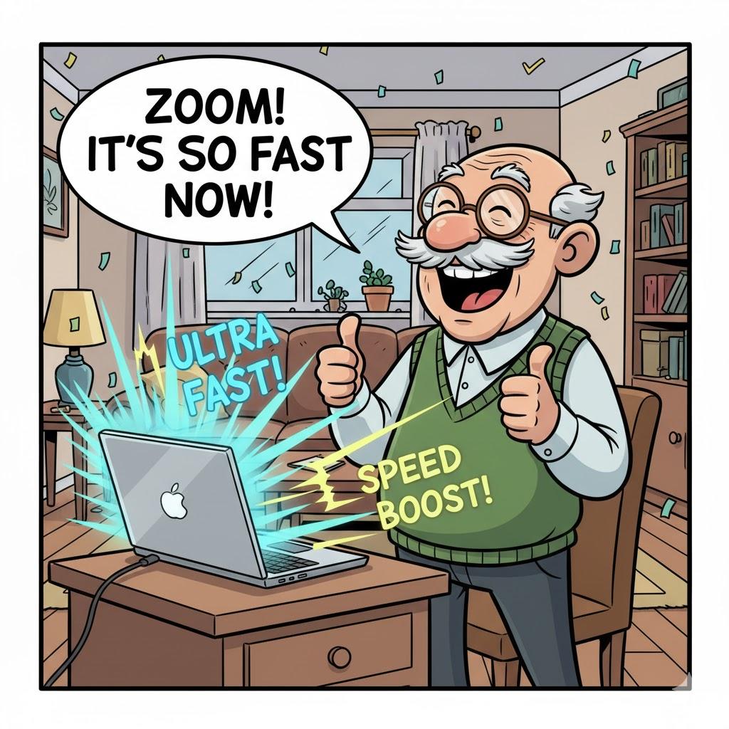 Funny cartoon illustration of a delighted senior man giving two thumbs up as his computer transforms into a speedy rocket-powered machine, glowing motion effects, cheerful home office setting, celebratory colorful cartoon style, square format, no text Funny cartoon illustration of a delighted senior man giving two thumbs up as his computer transforms into a speedy rocket-powered machine, glowing motion effects, cheerful home office setting, celebratory colorful cartoon style, square format, no text
