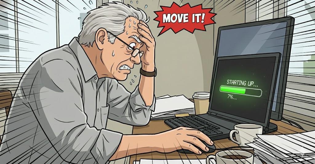 Wacky cartoon illustration of a frustrated senior man sweating while staring at a painfully slow computer startup screen stuck at a tiny progress percentage, exaggerated expressions, cluttered home office, playful colorful cartoon style, square format, no text. Wacky cartoon illustration of a frustrated senior man sweating while staring at a painfully slow computer startup screen stuck at a tiny progress percentage, exaggerated expressions, cluttered home office, playful colorful cartoon style, square format, no text.