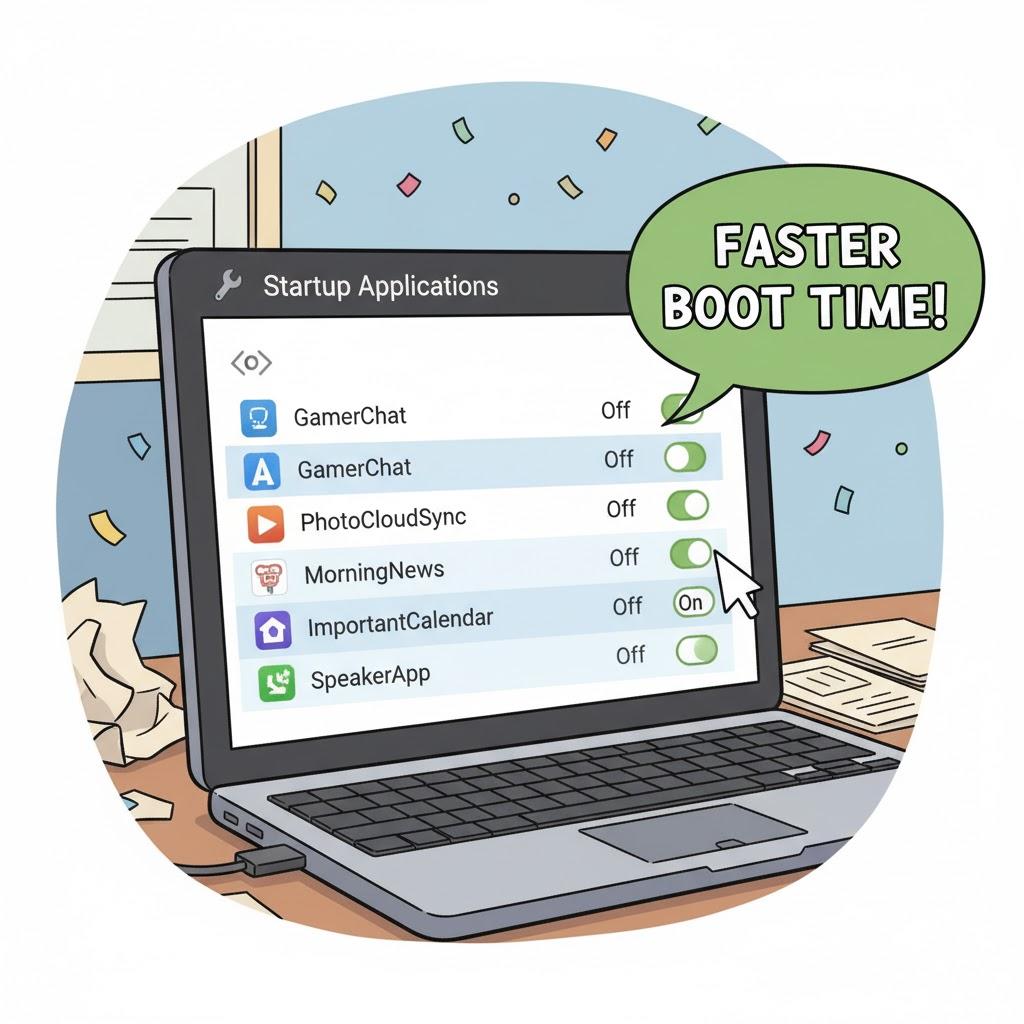 Playful cartoon illustration of a laptop displaying a list of startup apps while a giant friendly cursor switches off unnecessary programs, speedometer and rocket symbols suggesting faster performance, colorful cartoon style, square format, no text. Playful cartoon illustration of a laptop displaying a list of startup apps while a giant friendly cursor switches off unnecessary programs, speedometer and rocket symbols suggesting faster performance, colorful cartoon style, square format, no text.