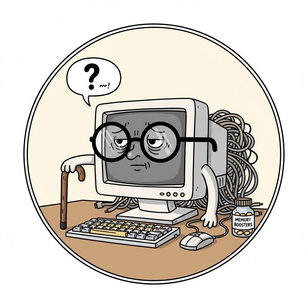 Wacky cartoon illustration of an elderly computer character with oversized glasses, a walking cane, tangled cables, and a tired expression, struggling to keep up with modern demands, playful colorful cartoon style, square format, no text. Wacky cartoon illustration of an elderly computer character with oversized glasses, a walking cane, tangled cables, and a tired expression, struggling to keep up with modern demands, playful colorful cartoon style, square format, no text.